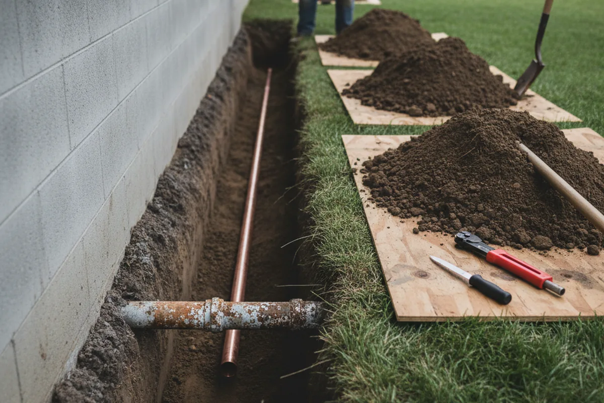 Excavated water line trench during Water Softener Installation in Sacramento